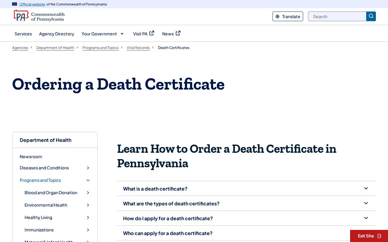 Springettsbury Township resident lookup Pennsylvania death certificate access