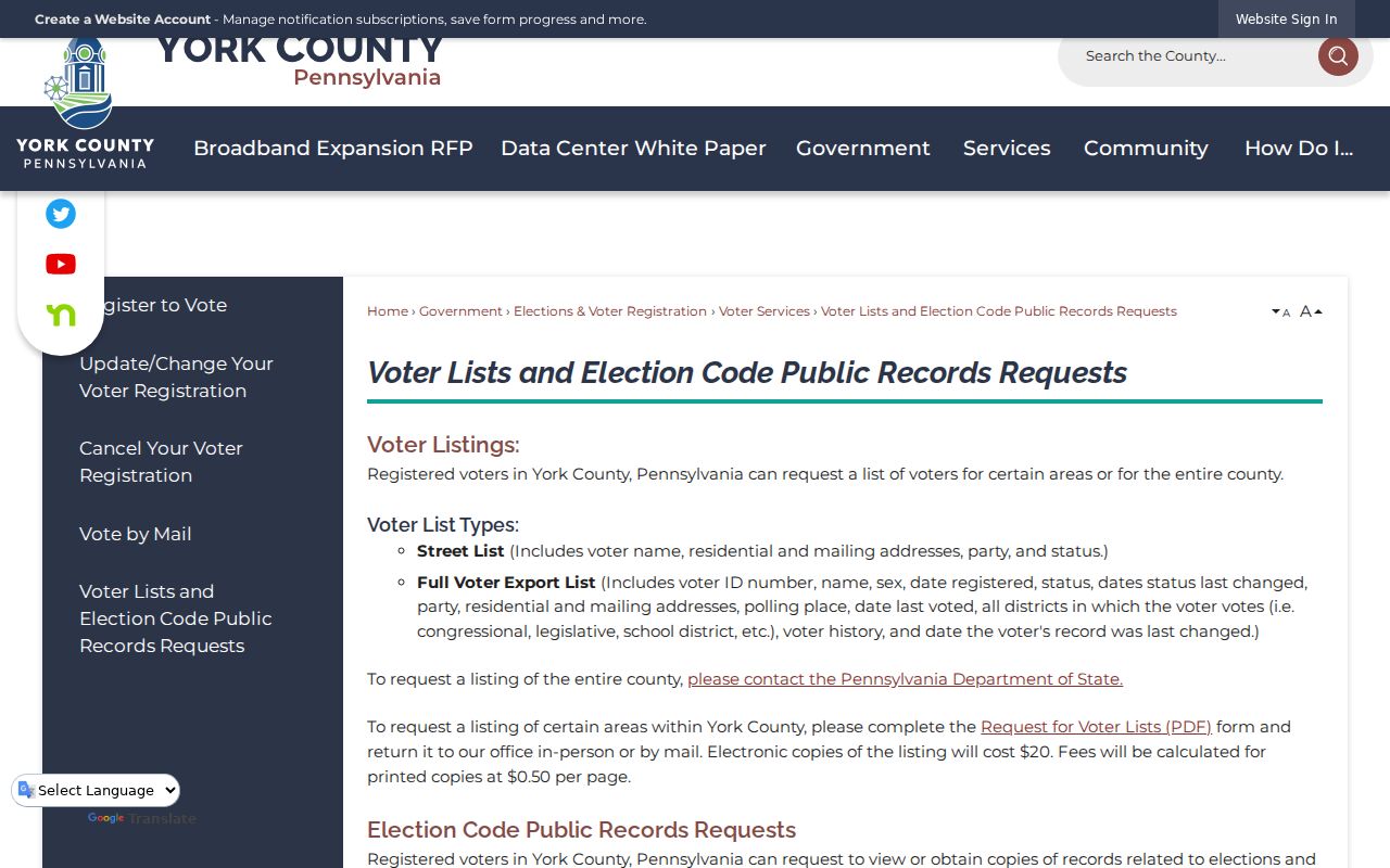 Springettsbury Township neighbors York County voter street list request instructions